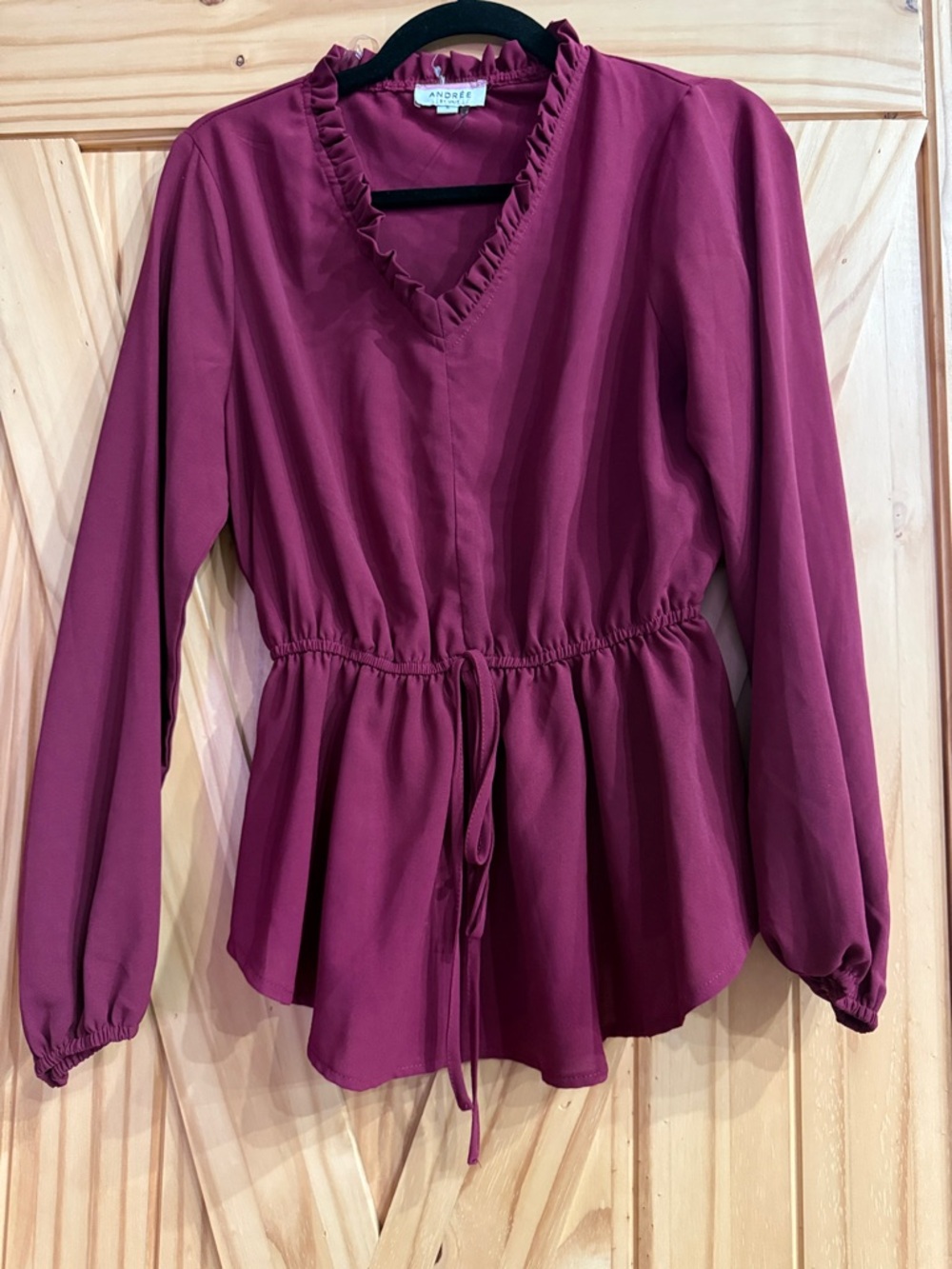 Andree Berry Ruffled V-Neck Drawstring Peplum Blouse maroon